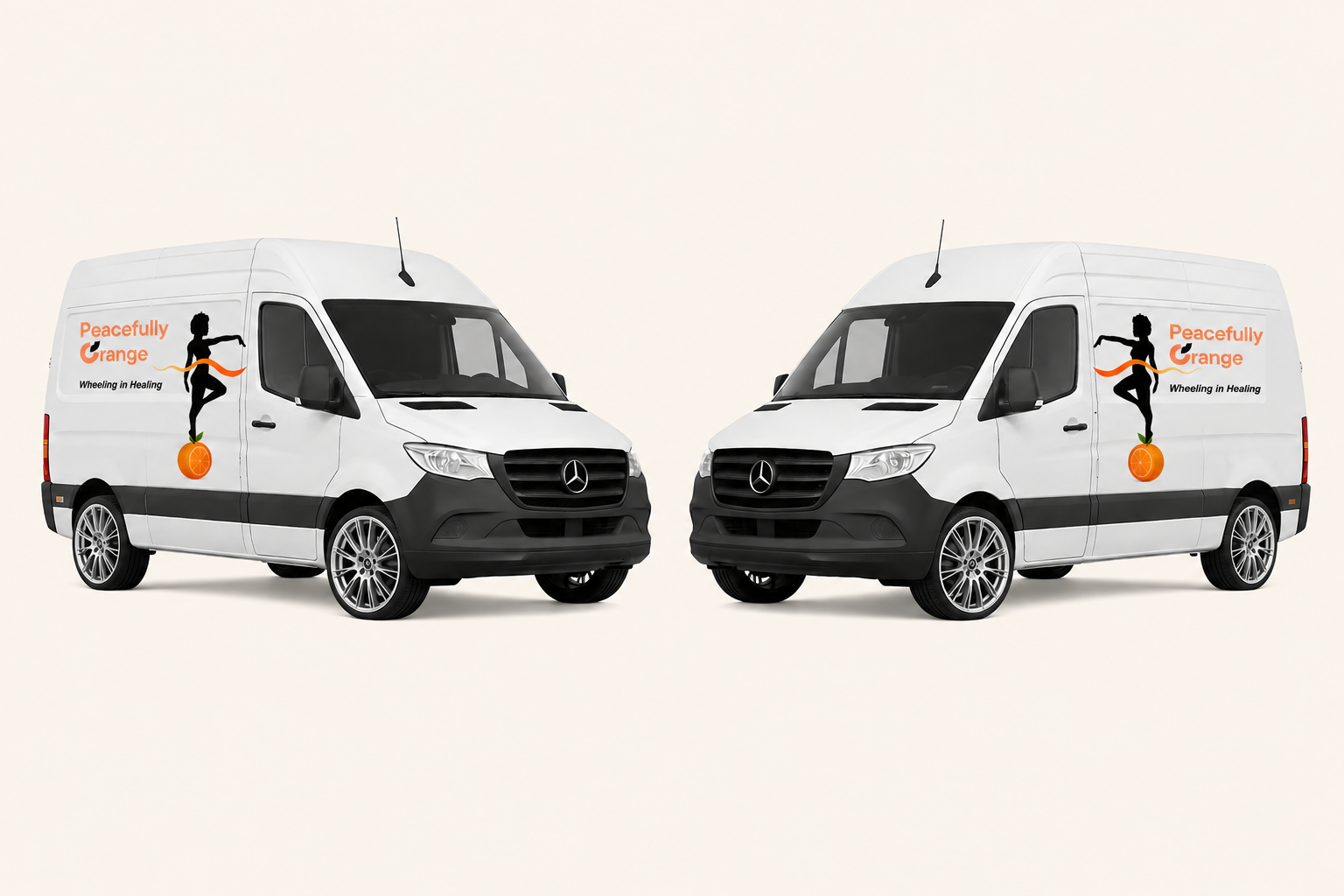 Two Peacefully Orange mobile clinic vans