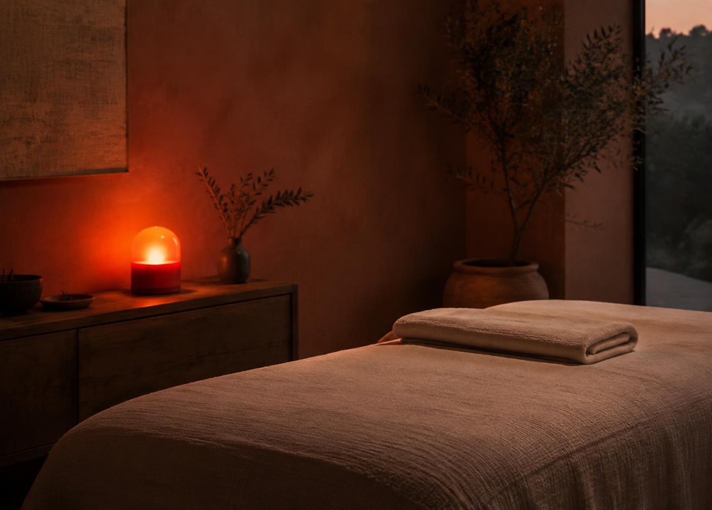 A calm therapy room lit by a warm amber lamp at dusk